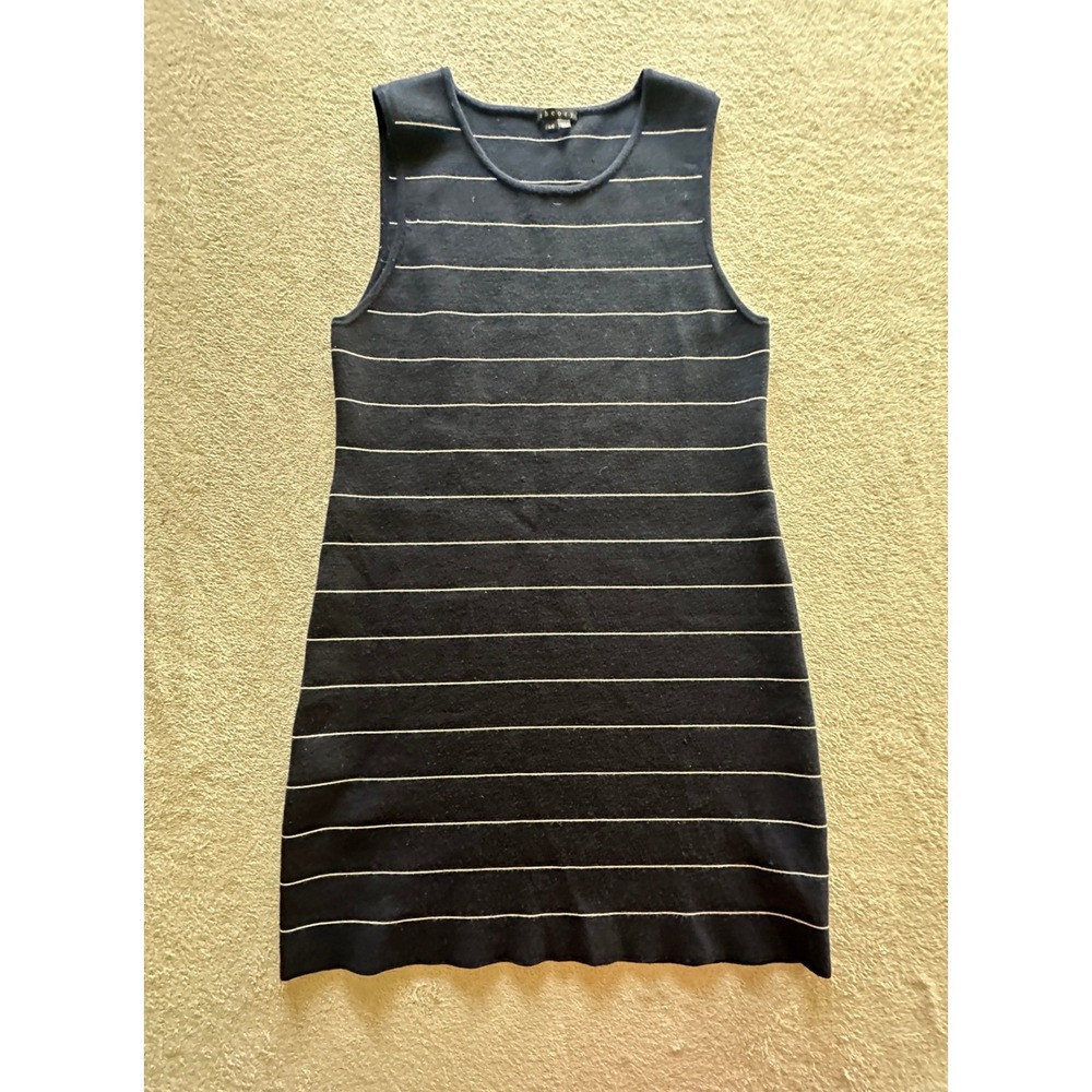 Theory Womens Navy Blue White Striped Sleeveless Knit Shift Mini Dress Large